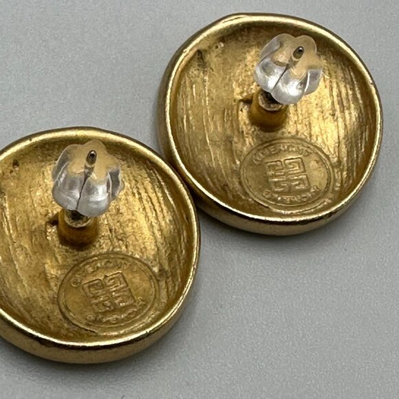 Vintage Givenchy Earrings Gold Tone Studs Pierced Round Button 4G Logo Matte - Picture 6 of 10